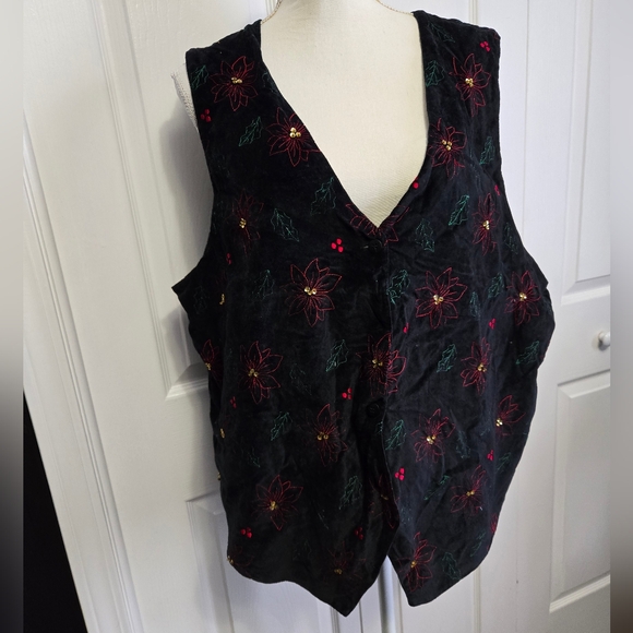 Vintage Y2K Dress Barn embroidered sequin poinsettia Christmas vest - Picture 2 of 7